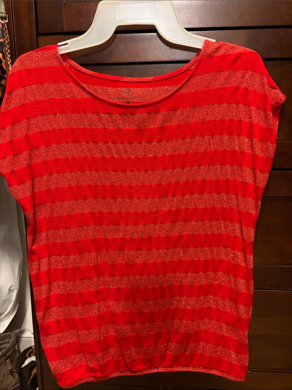 New York & Company Red Metallic Striped Short Sleeve Top